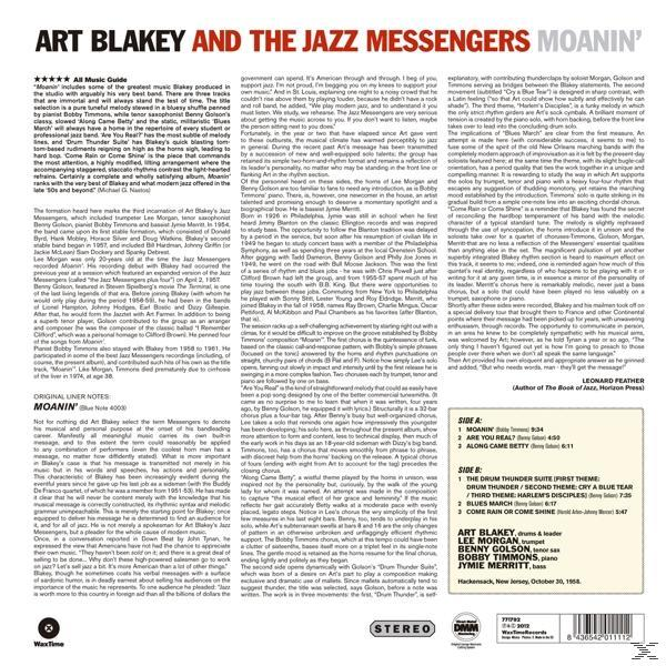 Album borítója szöveggel és információkkal Art Blakeyről és a Jazz Messengers-ről.