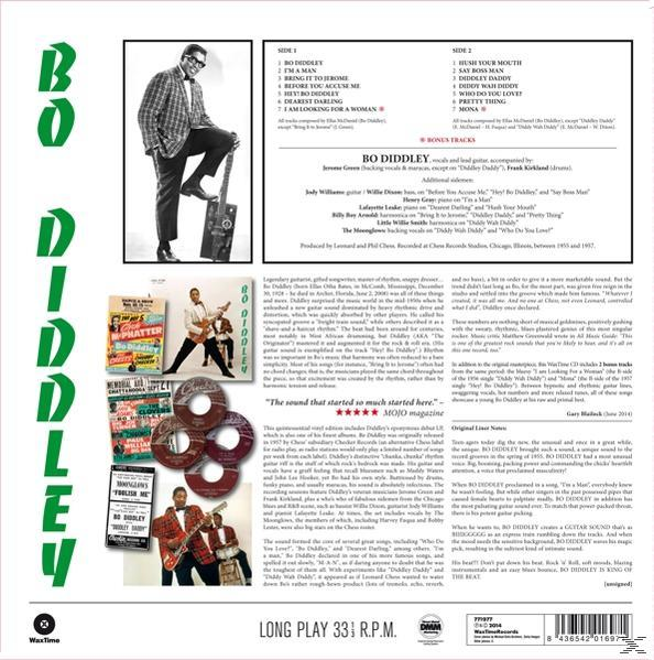 Bo Diddley album borítója. Férfi gitárral, album részletekkel és további képekkel.