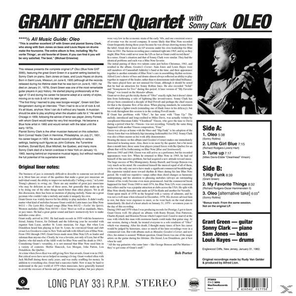 Grant Green album hátlapja, fekete-fehér fotóval Greenről és részletes számlistával.