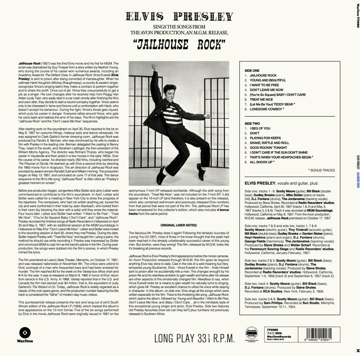 Album borító Elvis Presley-vel. A szöveg a dalokat és a Jailhouse Rock filmet részletezi. Fekete-fehér.