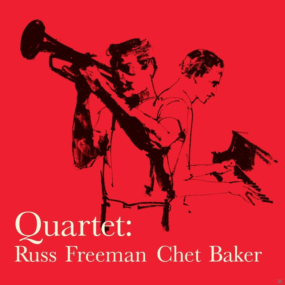 Piros albumborító. Sziluettben zenészek: trombitás és zongorista. Cím: Quartet: Russ Freeman Chet Baker.