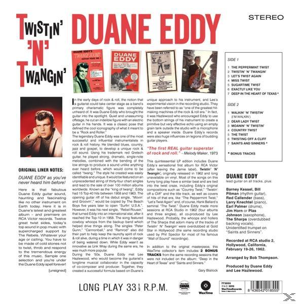 Duane Eddy 'Twistin' 'n' Twangin' című albumjának borítója, fotókkal és szöveggel.