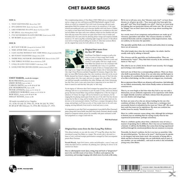 Chet Baker Sings album borítója, szöveggel és Baker portréjával.