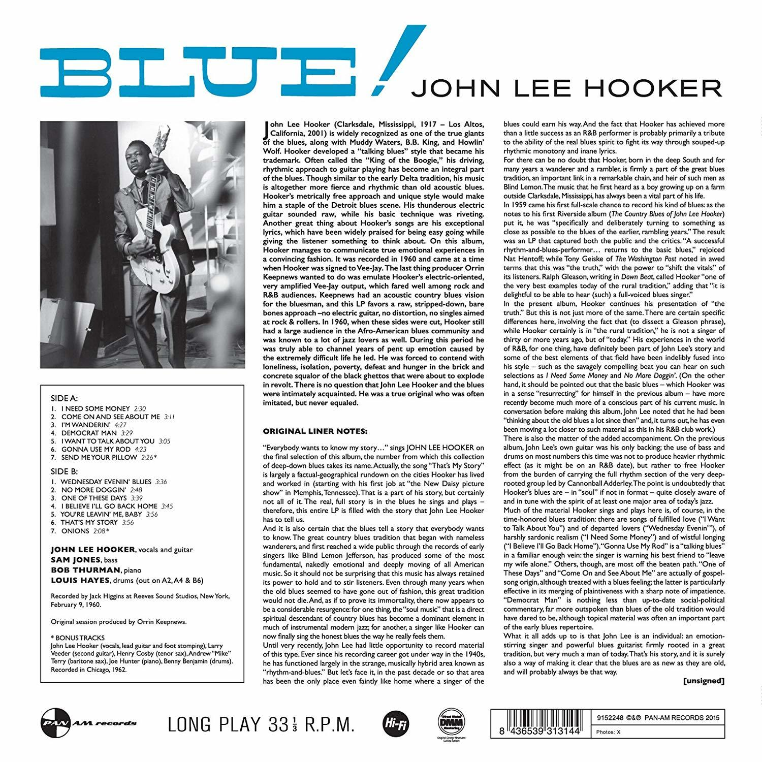 John Lee Hooker Blue című albumának borítója fotóval, szövegoszlopokkal és dallistával.