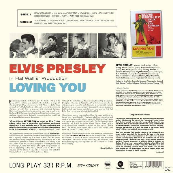 Elvis Presley 'Loving You' album borítója, szöveggel, képekkel és album részletekkel.