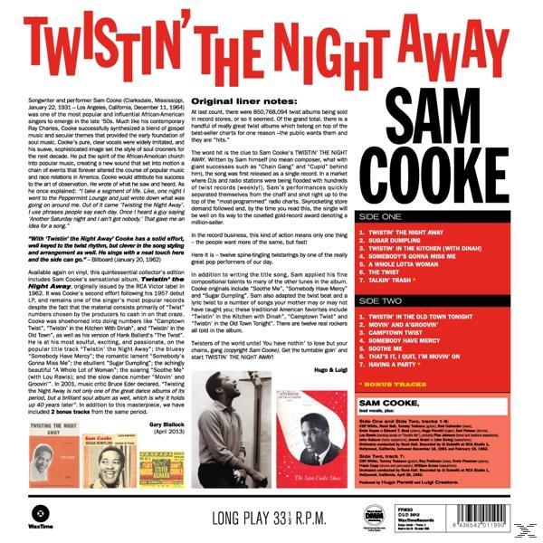 Sam Cooke 'Twistin' the Night Away' albumának borítója, szöveggel és képekkel.