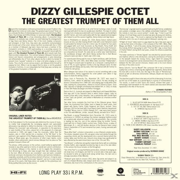A "The Dizzy Gillespie Octet" című vinyl lemez borítója. A zenekar tagjait és a kísérőfüzetet tartalmazza.