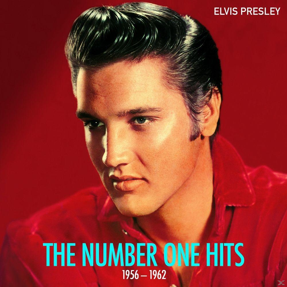 Elvis Presley album borítója. Piros inget visel. A cím: THE NUMBER ONE HITS 1956-1962.