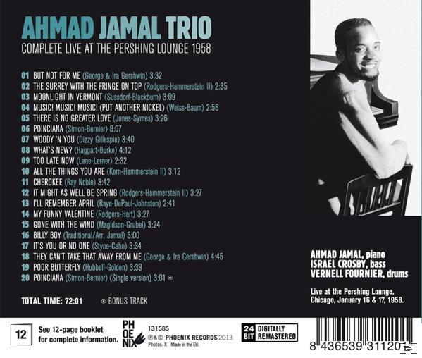 Ahmad Jamal Trio album borítója. Egy férfi fotóját és szöveget tartalmaz fekete háttéren.