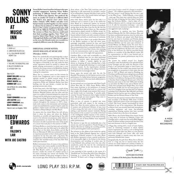 'Sonny Rollins at Music Inn' című album borítója, szöveggel és Sonny Rollins fotójával.