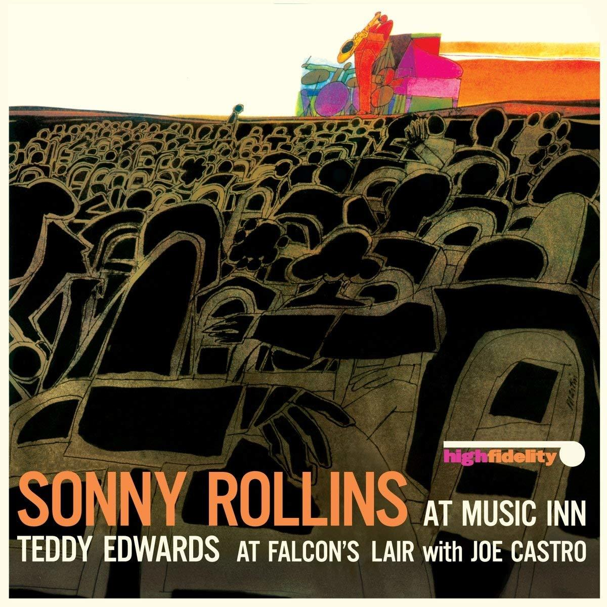 Album borító. Tömeg, színpad zenészekkel. Narancssárga szöveg: Sonny Rollins. High fidelity.