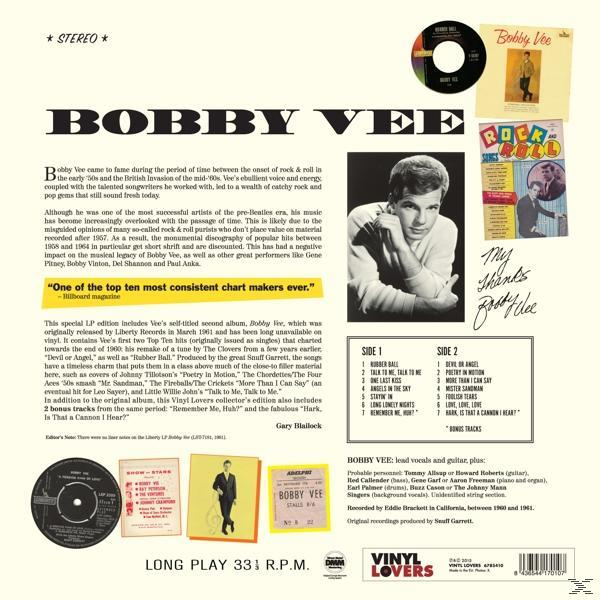 Bobby Vee énekes album borítója. Tartalmazza a művész, egy lemez és a számlista képeit.