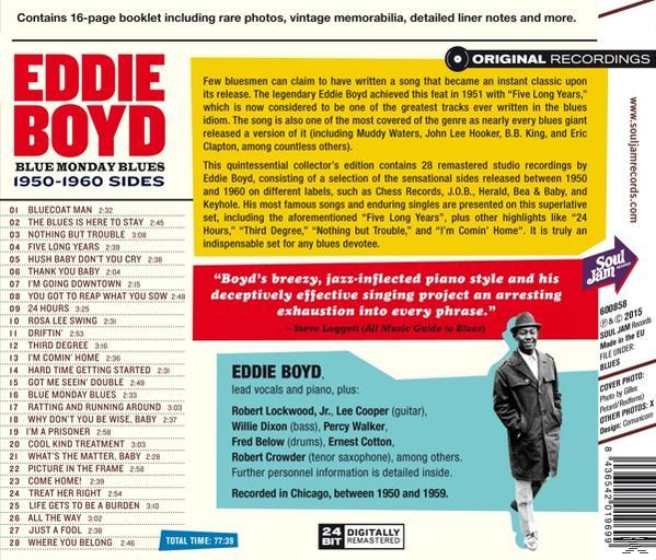 Az 'Eddie Boyd' Blue Monday Blues című albumának borítója. Szöveget, számlistát és a művész fotóját tartalmazza.