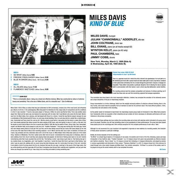 Miles Davis album, a Kind of Blue, a zenészek fekete-fehér fotójával és a számok listájával.