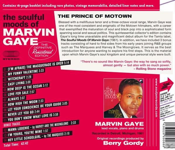 A "The Soulful Moods of Marvin Gaye" vinyl lemezborítója, Gaye fotójával és számlistájával.