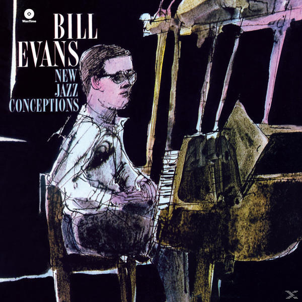 Bill Evans 'New Jazz Conceptions' album borítója, egy férfi a zongoránál, szöveggel.