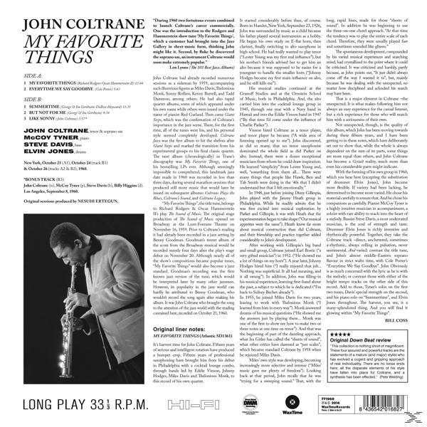 Egy magazin oldala John Coltrane-ről és a 'My Favorite Things' című albumáról szóló szöveggel.