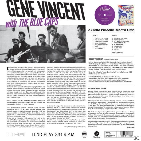 Albumborító Gene Vincent és a Blue Caps fényképével, dallistával és szöveggel.