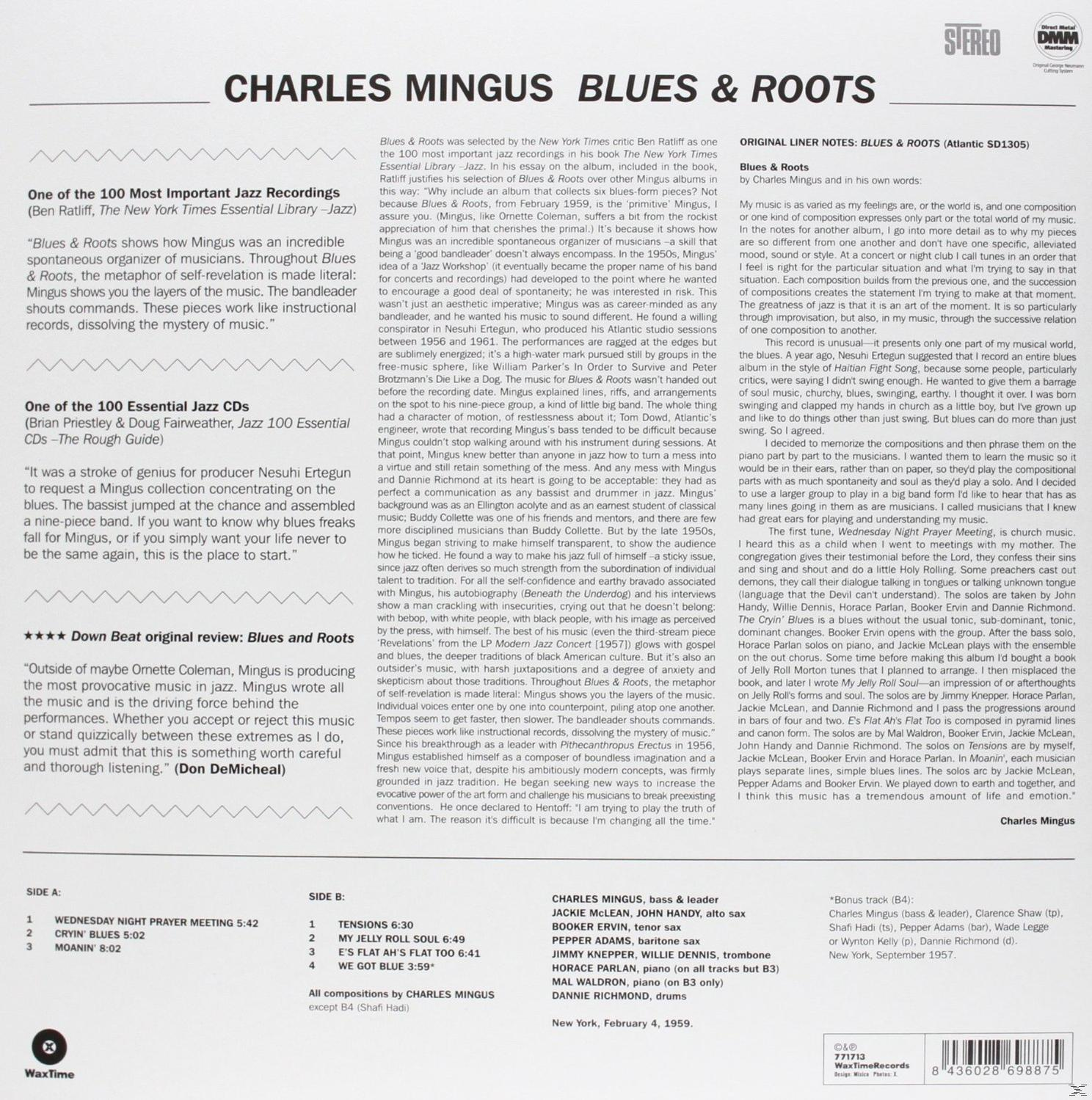 Charles Mingus album borítója, szöveggel, dalok listájával és a művész portréjával.