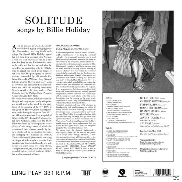 Album hátlapja Billie Holiday szövegével, fotóval és fehér háttérrel.