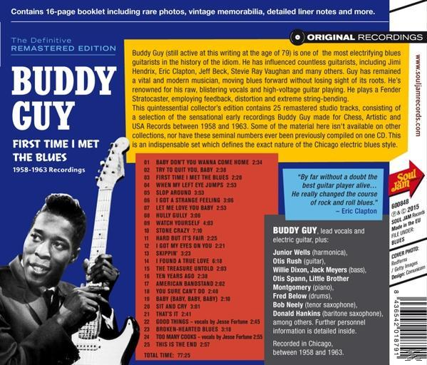 Album borító: Buddy Guy gitárral, a 'First Time I Met The Blues' album címmel.