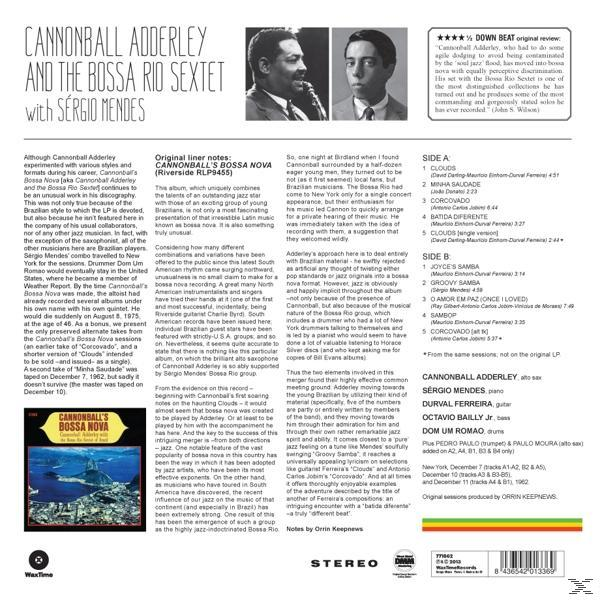 Album borító: Cannonball Adderley a Bossa Rio Sextettel. Zenészek fotói, számlista és szöveg látható.