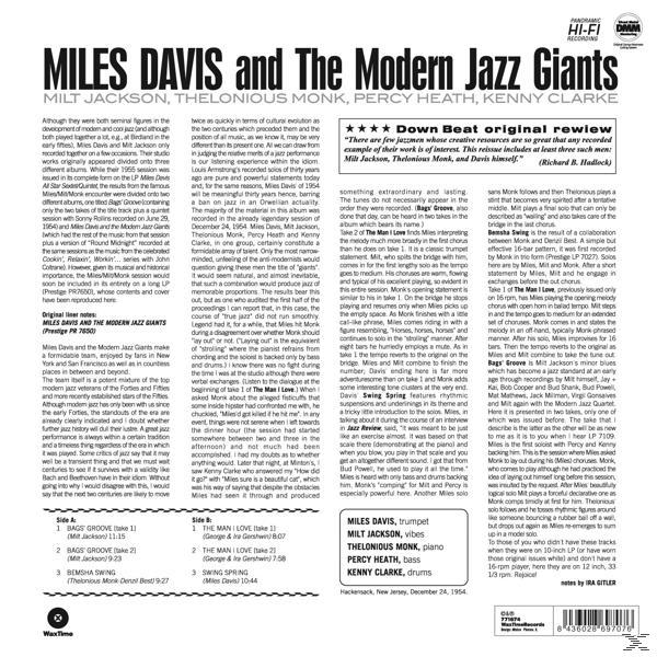 'Miles Davis and The Modern Jazz Giants' című album borítója, szöveggel és fotóval.