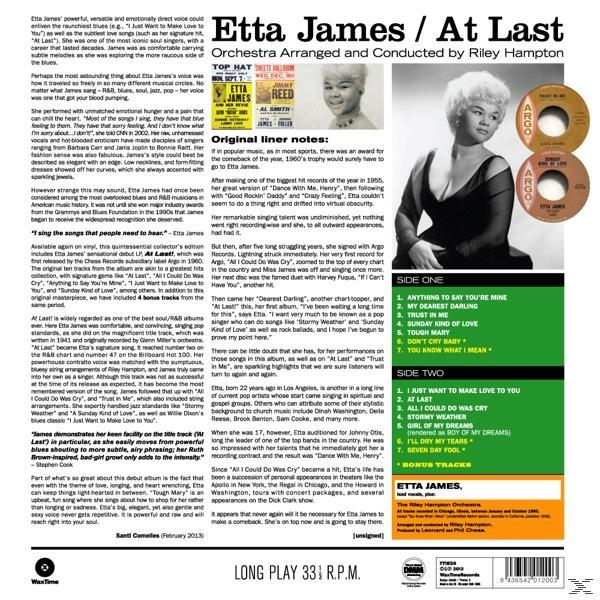 Etta James 'At Last' című albumának borítója. Tartalmazza a portréját, a lemezcímkéket és a dalok listáját.