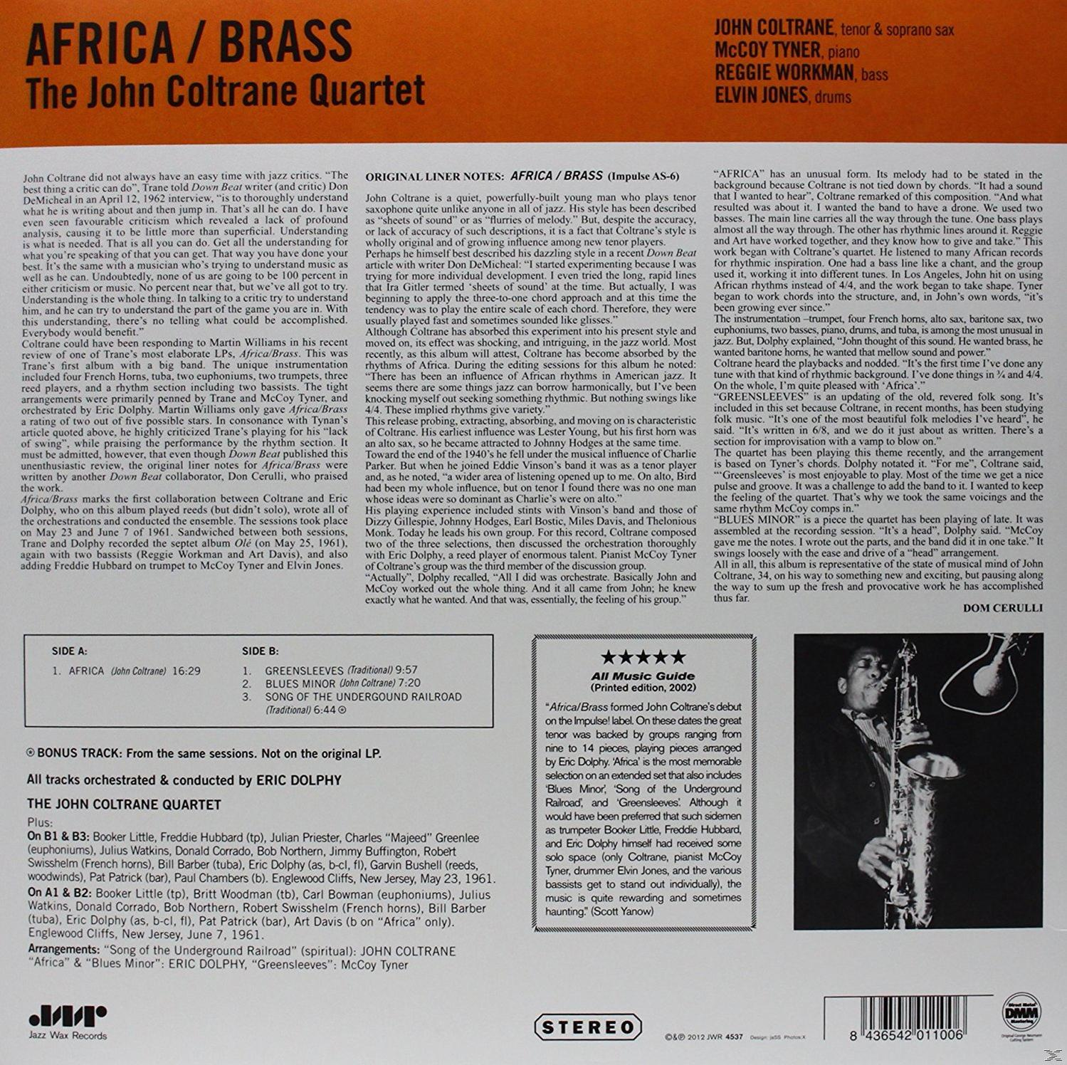 Az Africa/Brass album borítója John Coltrane-től. Szöveget és egy fotót tartalmaz Coltrane-ről szaxofonnal.