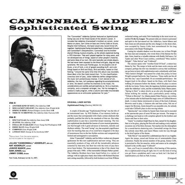 A 'Cannonball Adderley - Sophisticated Swing' album borítója szöveggel és egy fotóval.