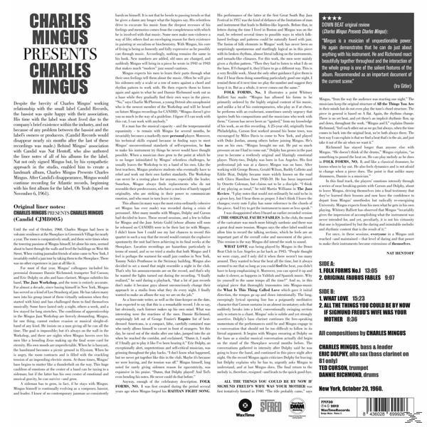 Album borító: Charles Mingus Presents Charles Mingus, fekete szöveg fehér alapon, A és B oldal számlistái.