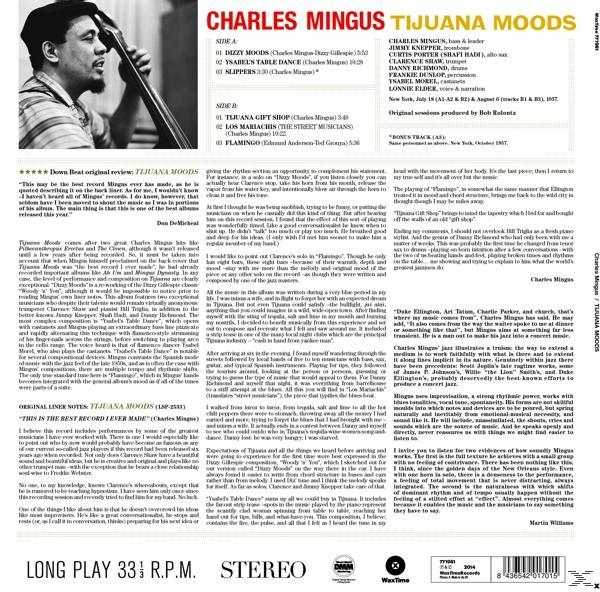 Charles Mingus 'Tijuana Moods' című albumának borítója, album részletekkel és szöveggel.