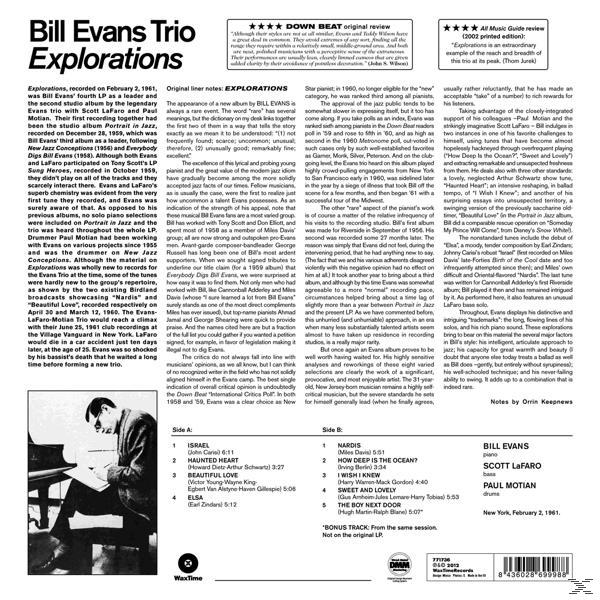 Album borítója Bill Evans Trio címmel, dalsorokkal és szöveges leírásokkal.