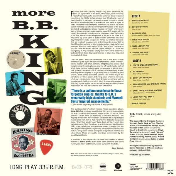 Album borító: B.B. King, szöveg, King gitározás közben, számlista és lemezcímke.