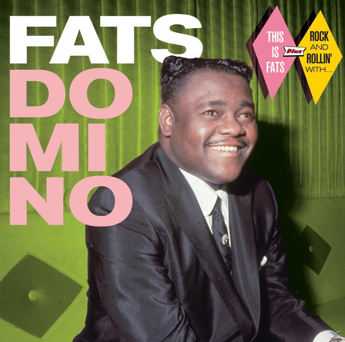 Fats Domino mosolyog, öltönyt visel. Rózsaszín és zöld háttér.
