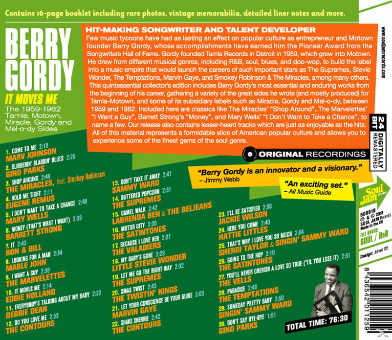 Album borítója Berry Gordyval és számlistával. Fekete, fehér és piros színek. Szöveg a háttérben.
