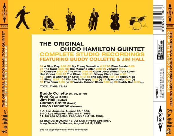 Album borító sárga háttérrel, The Original Chico Hamilton Quintet-tel. Tartalmazza a számlistát és a zenekar fotóit.