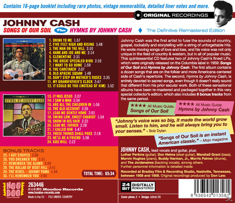 Album borítója Johnny Cash-sel és az album részleteivel. Fekete-fehér színek. Szöveg a háttérben.