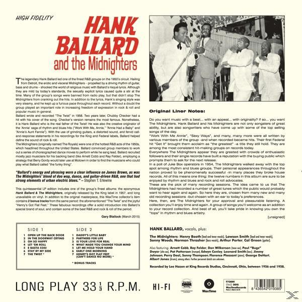 Album borító Hank Ballard and the Midnightersszel, szöveggel és fotókkal, zenével és dalszövegekkel.