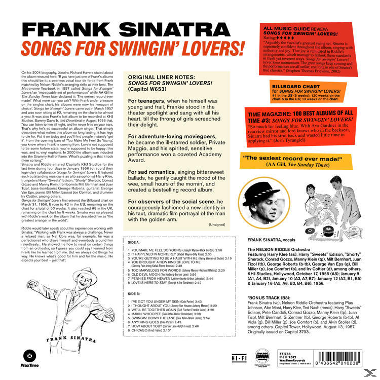 Frank Sinatra Songs for Swingin' Lovers! album borítója, szöveggel és képpel.