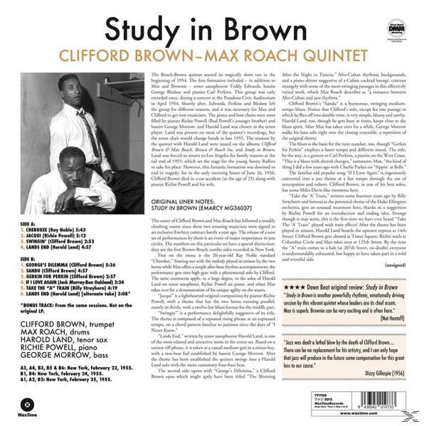 Album borító. Angol nyelvű szöveg. Fekete férfiak fotóit tartalmazza. "Study in Brown" Clifford Browntól.