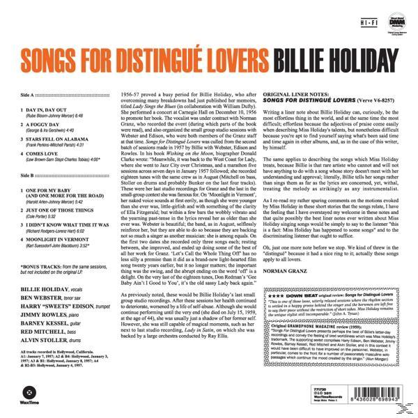 Album borító. Fehér háttér szöveggel, Norman Granz eredeti jegyzeteivel és Billie Holiday-jel.