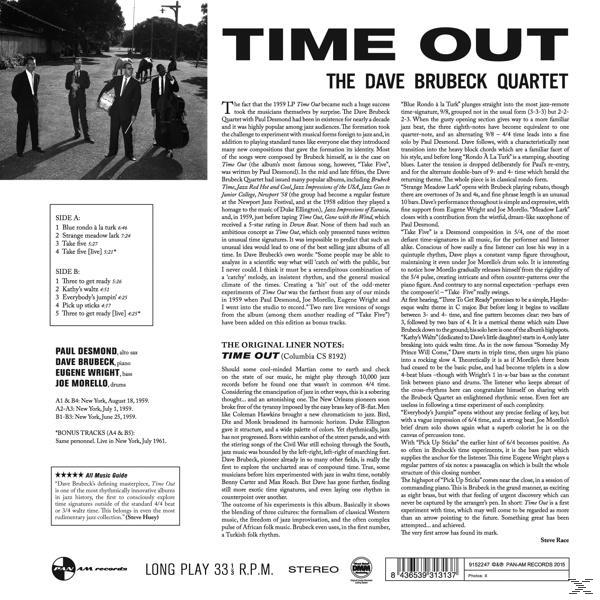 Dave Brubeck 'Time Out' album borítója. Szöveget és fotót tartalmaz.