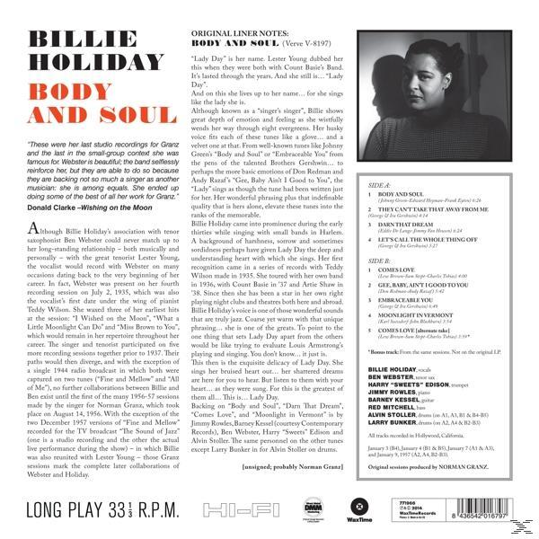 Album hátlapja Billie Holiday képével, a dalok címeivel és jegyzetekkel.