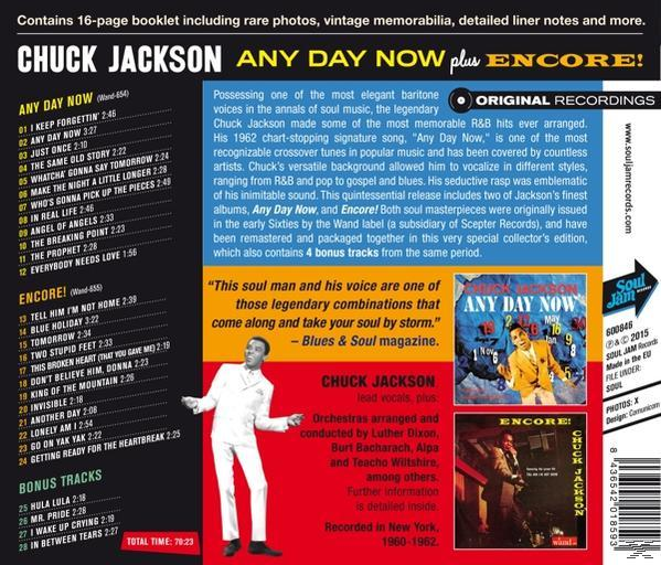 Chuck Jackson 'Any Day Now plus Encore' című albumának borítója. Jackson fehér öltönyben, album infókkal.