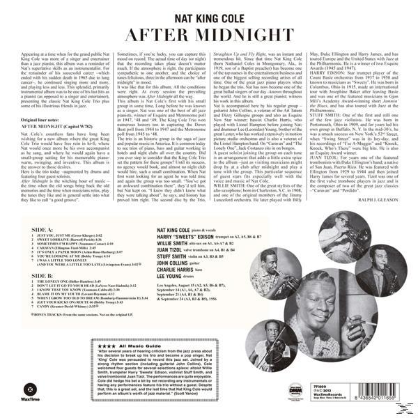 'After Midnight' album borítója Nat King Cole-lal, szöveggel és képekkel.