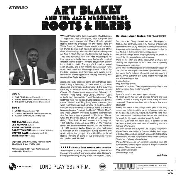 Album borító: Art Blakey és a Jazz Messengers, Roots & Herbs. Fekete-fehér fotó egy férfiról.