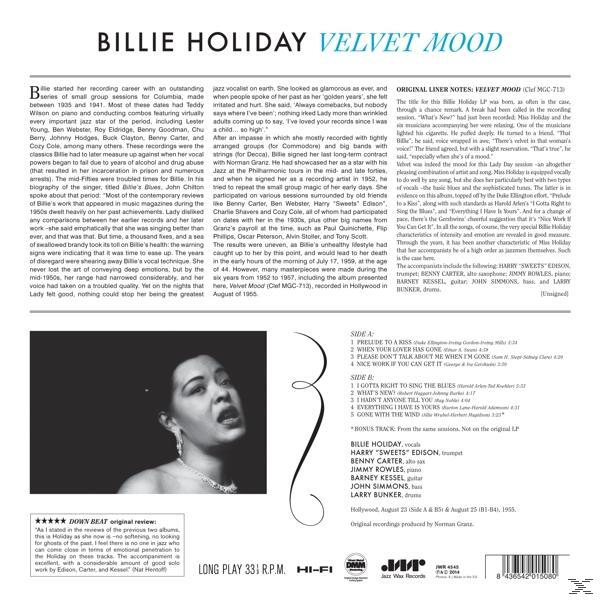 Album borítója Billie Holiday-jel, szöveggel és a művész fotójával.