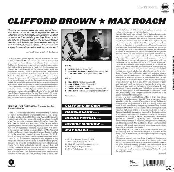 A Clifford Brown & Max Roach album hátlapja, jegyzetekkel és egy fotóval.