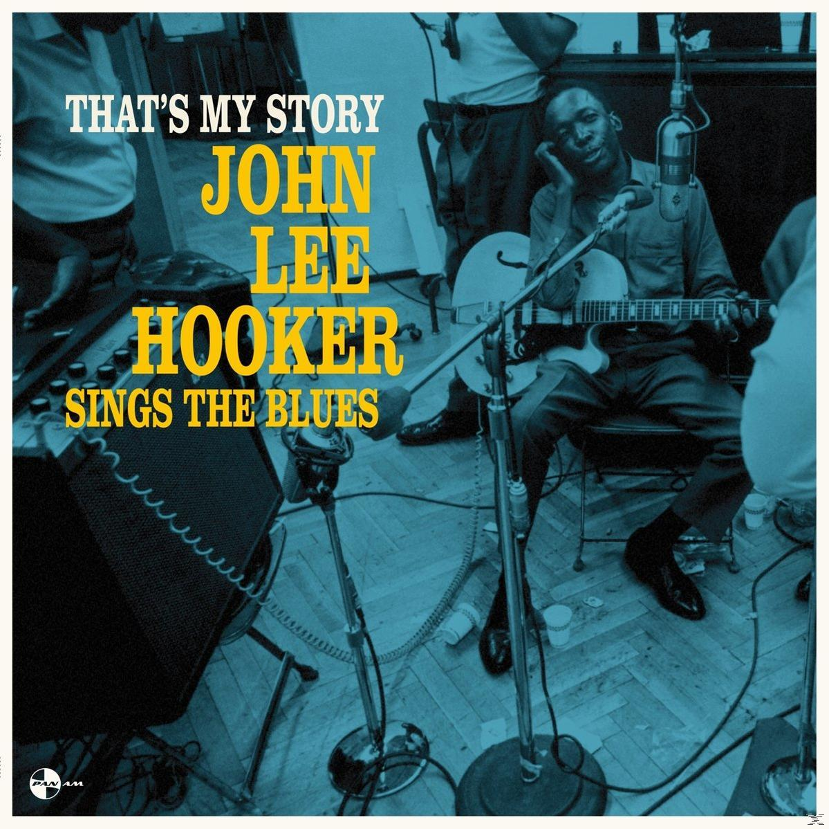 John Lee Hooker bluest énekel, ül és gitározik. Mikrofonok és egy hangszóró van a színpadon.
